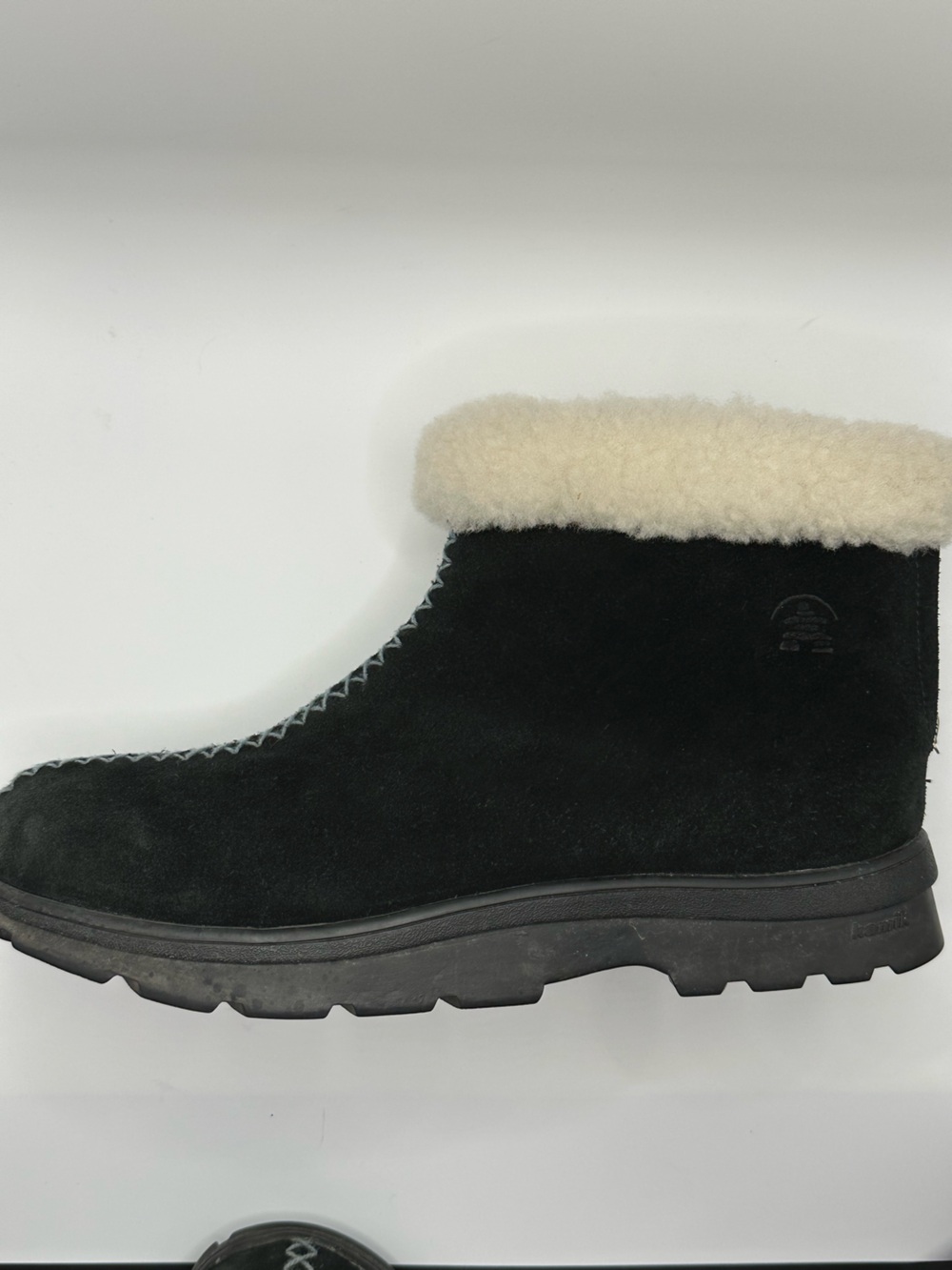 Kamik Black Suede Warm Winter Ankle Boot with Cream Faux Shearling Cuff